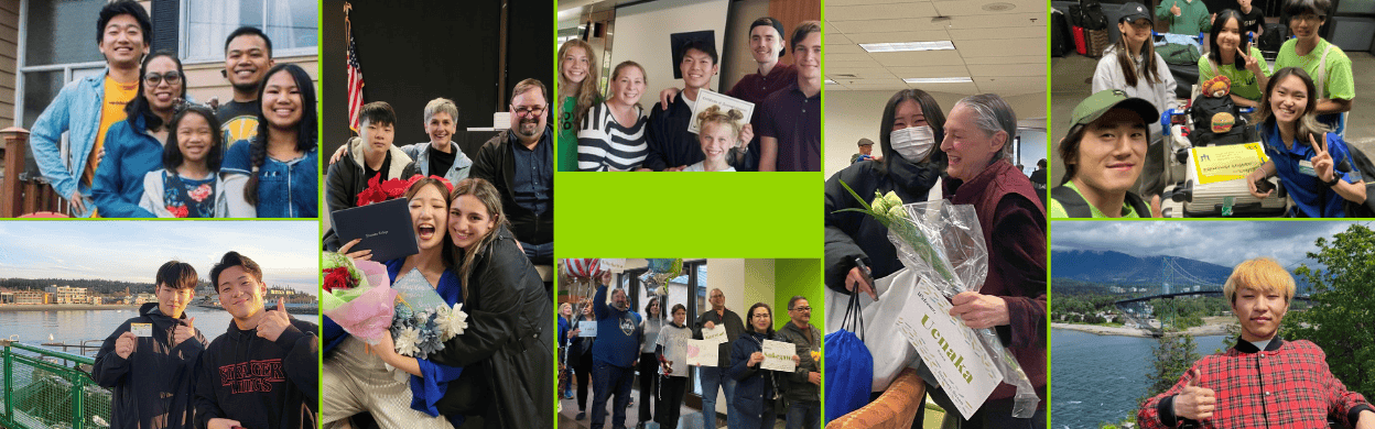 multiple pictures of homestay students and families formatted in a collage